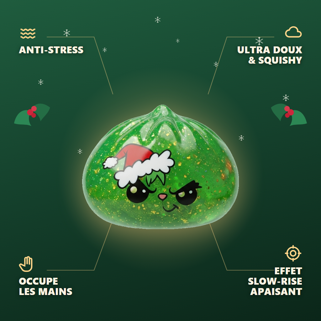 Squishy Dumpling Grincheux de Noël Glitter Vert — anti-stress, ultra doux, effet slow-rise