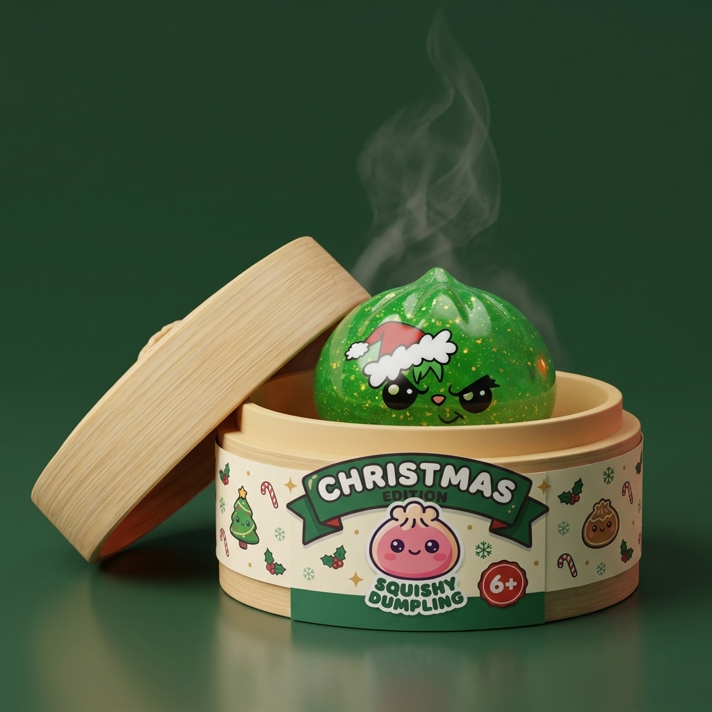 Squishy Dumpling Grincheux de Noël Glitter Vert dans sa boîte panier vapeur façon bambou