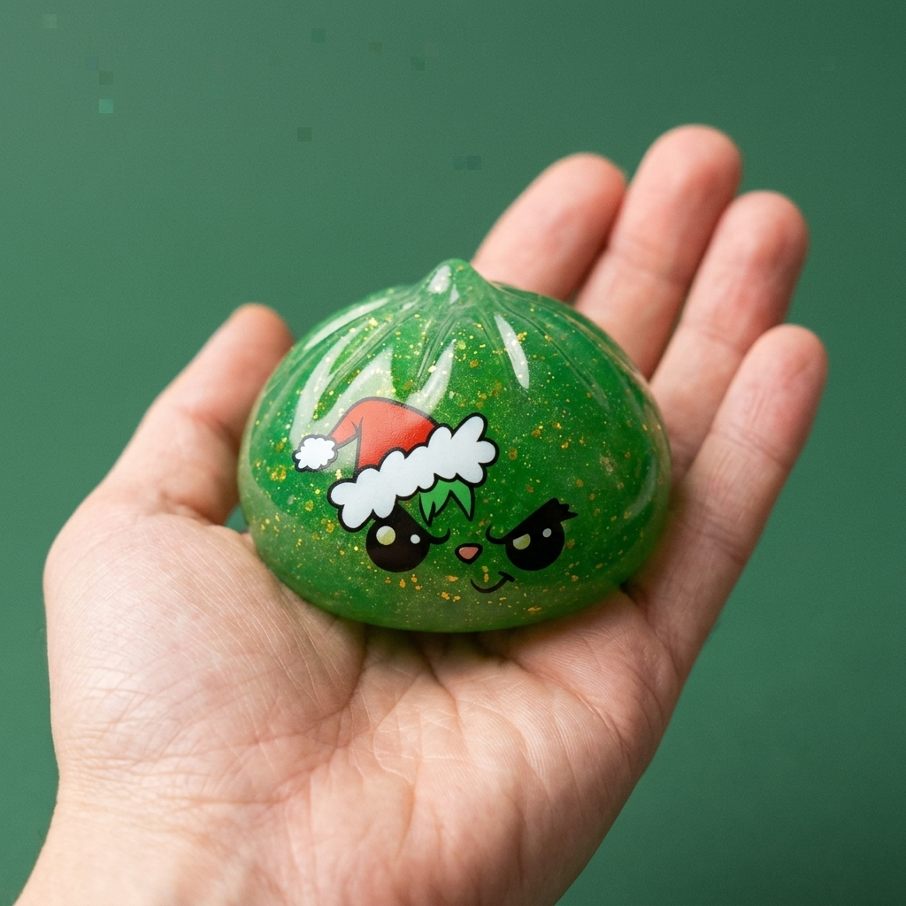 Squishy Dumpling Grincheux de Noël Glitter Vert tenu en main, taille réelle