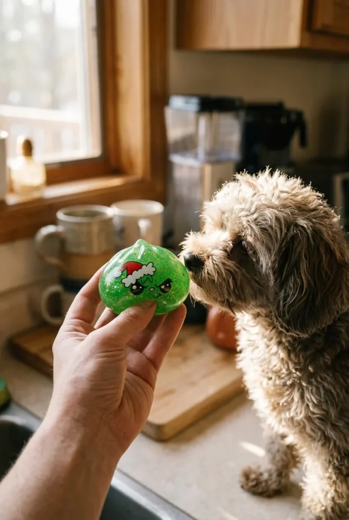 Squishy Dumpling Grincheux de Noël Glitter Vert tenu près d'un animal de compagnie curieux