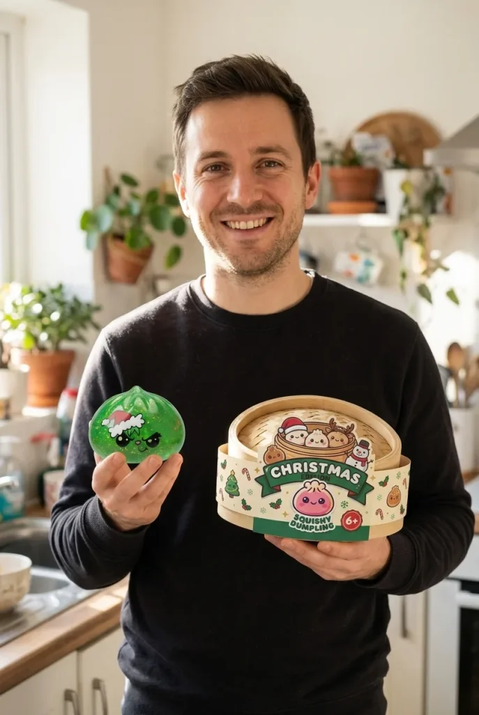 Squishy Dumpling Grincheux de Noël Glitter Vert présenté avec sa boîte panier vapeur — photo client