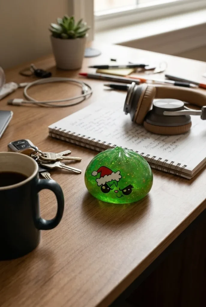 Squishy Dumpling Grincheux de Noël Glitter Vert posé sur un bureau, dans le quotidien