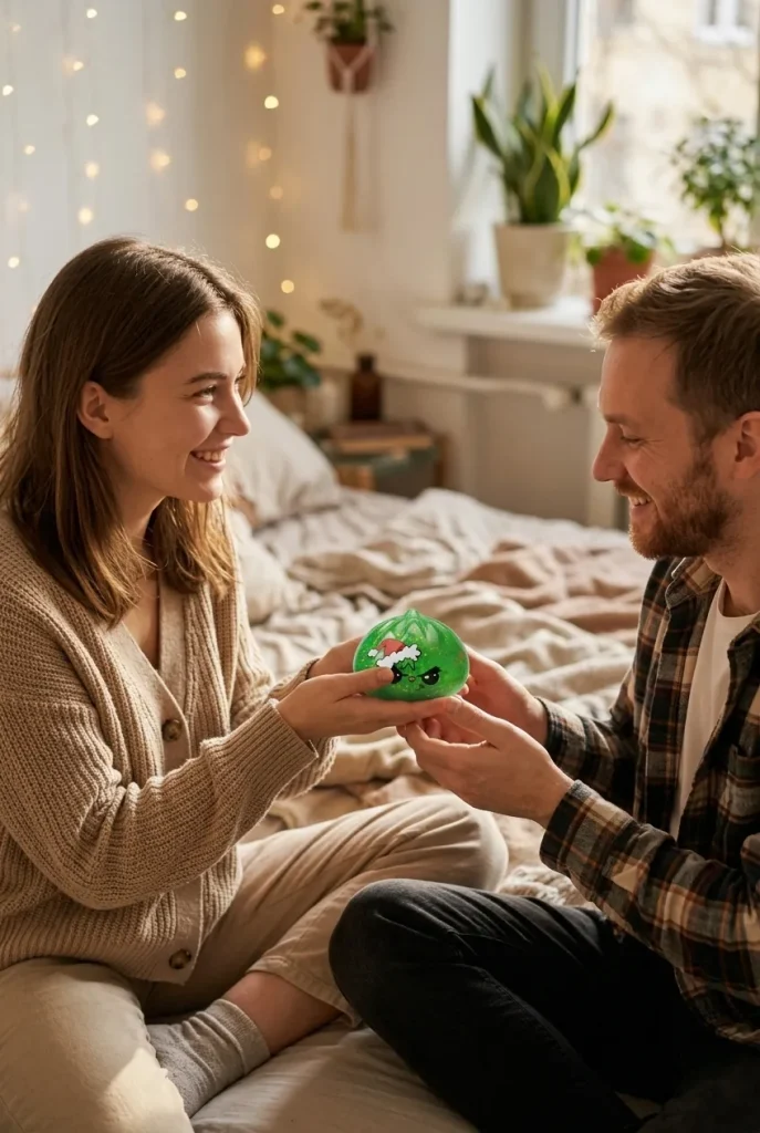 Squishy Dumpling Grincheux de Noël Glitter Vert offert en cadeau entre deux personnes
