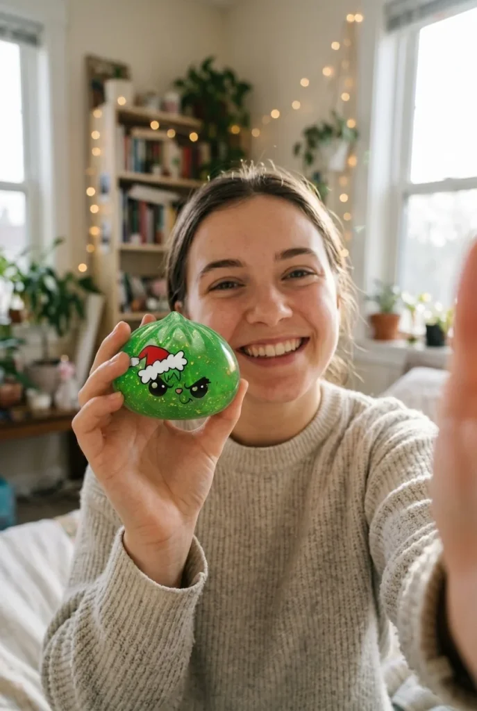Squishy Dumpling Grincheux de Noël Glitter Vert tenu près du visage — photo client