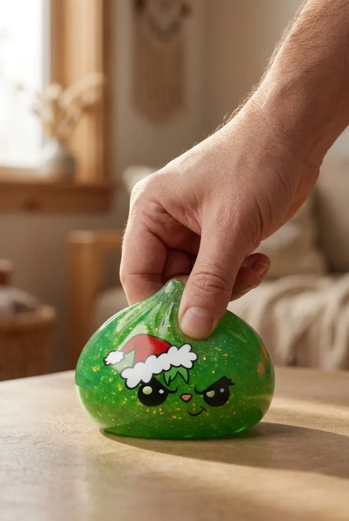 Squishy Dumpling Grincheux de Noël Glitter Vert pressé dans la main — effet squishy slow-rise