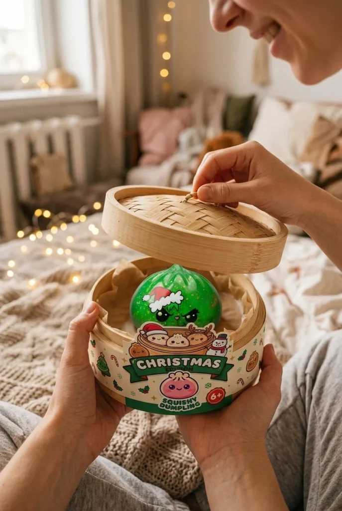 Déballage du Squishy Dumpling Grincheux de Noël Glitter Vert — la boîte panier vapeur s'ouvre