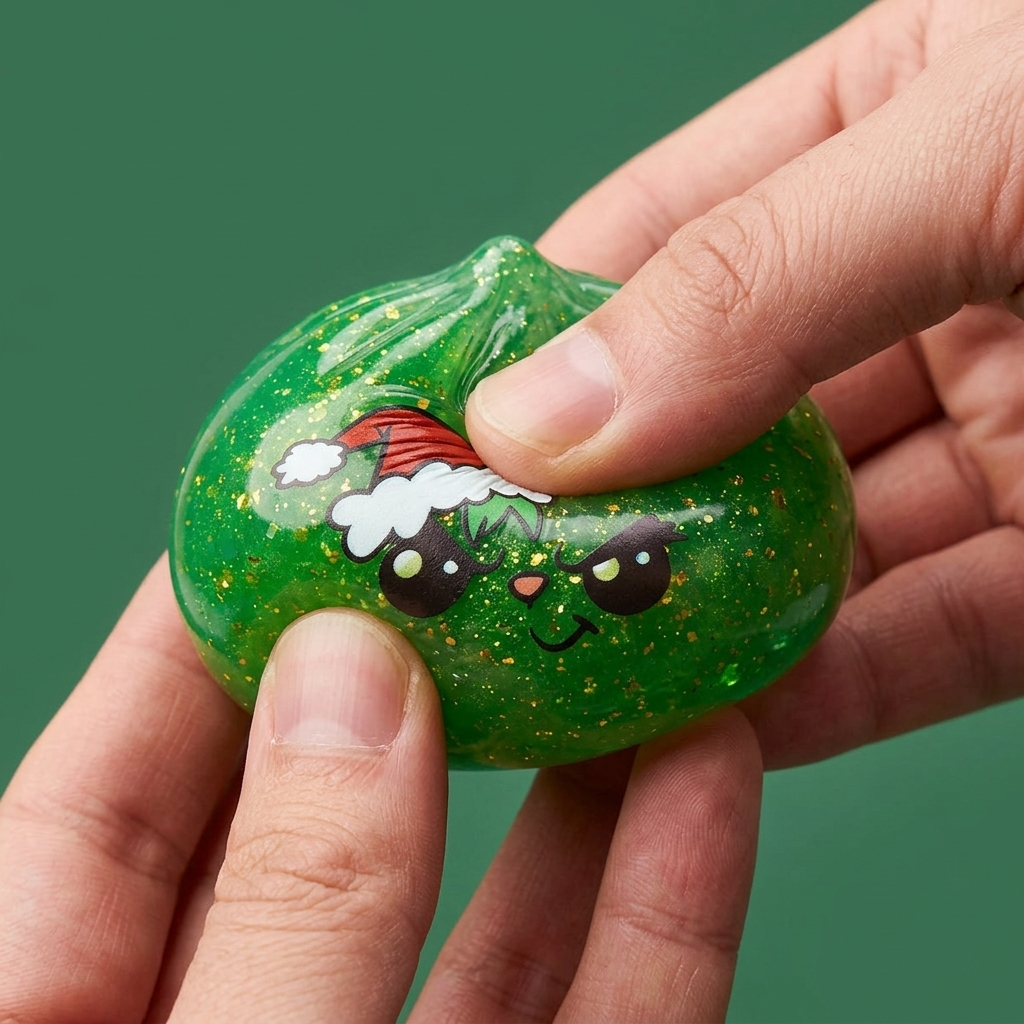Squishy Dumpling Grincheux de Noël Glitter Vert — effet slow-rise, la mousse regonfle