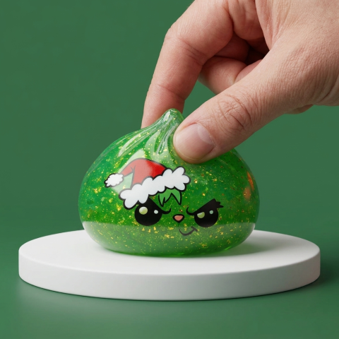 Squishy Dumpling Grincheux de Noël Glitter Vert pressé dans la main, matière squishy