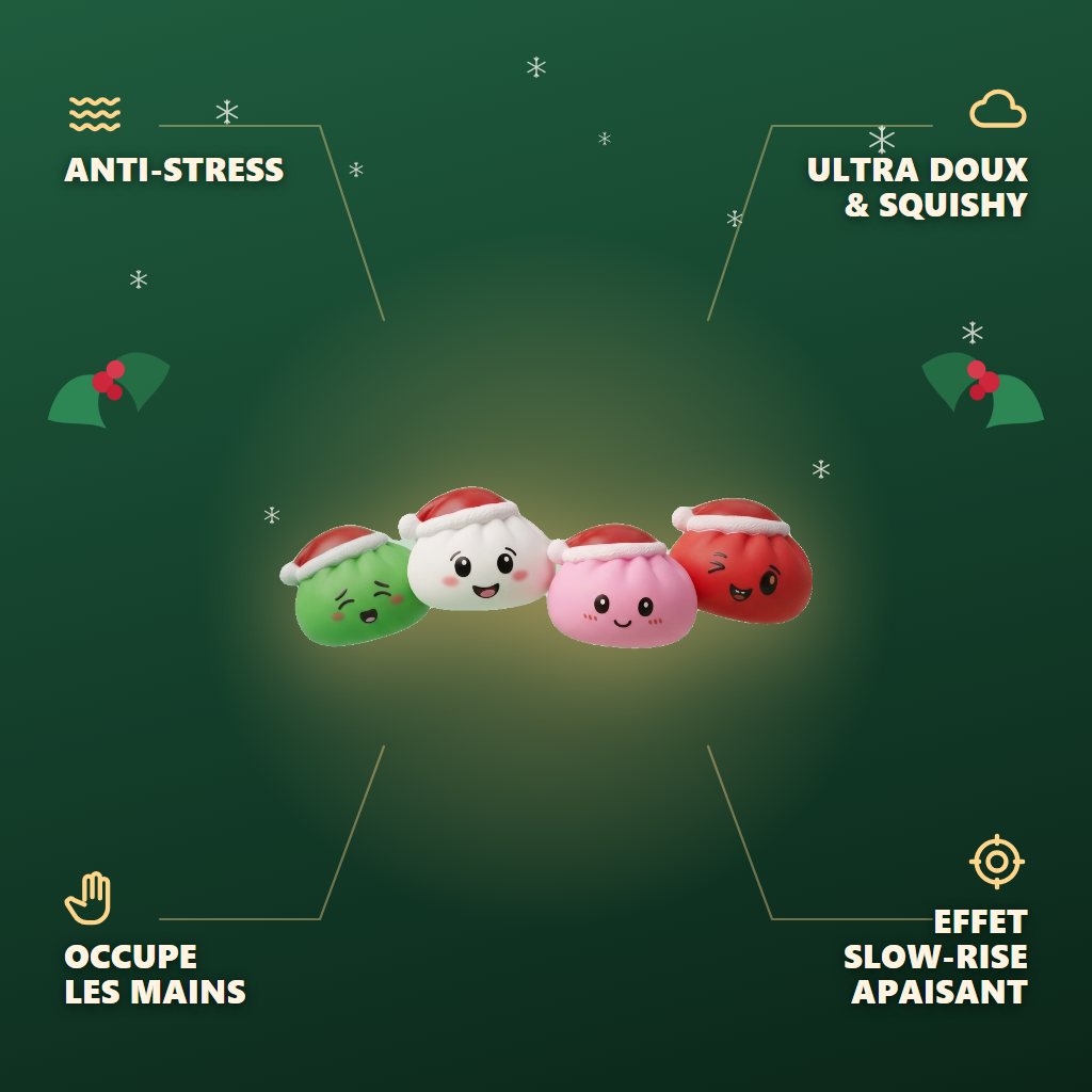 Squishy Dumpling Bonnet de Noël Set de 4 — anti-stress, ultra doux, effet slow-rise