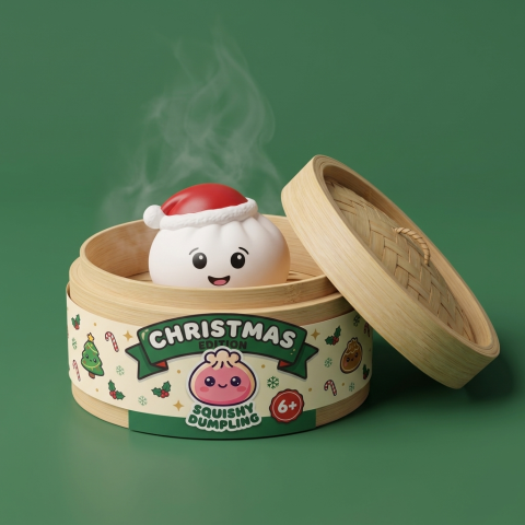 Squishy Dumpling Bonnet de Noël Set de 4 dans sa boîte panier vapeur façon bambou