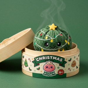 Squishy Dumpling Sapin de Noël Scintillant dans sa boîte panier vapeur façon bambou