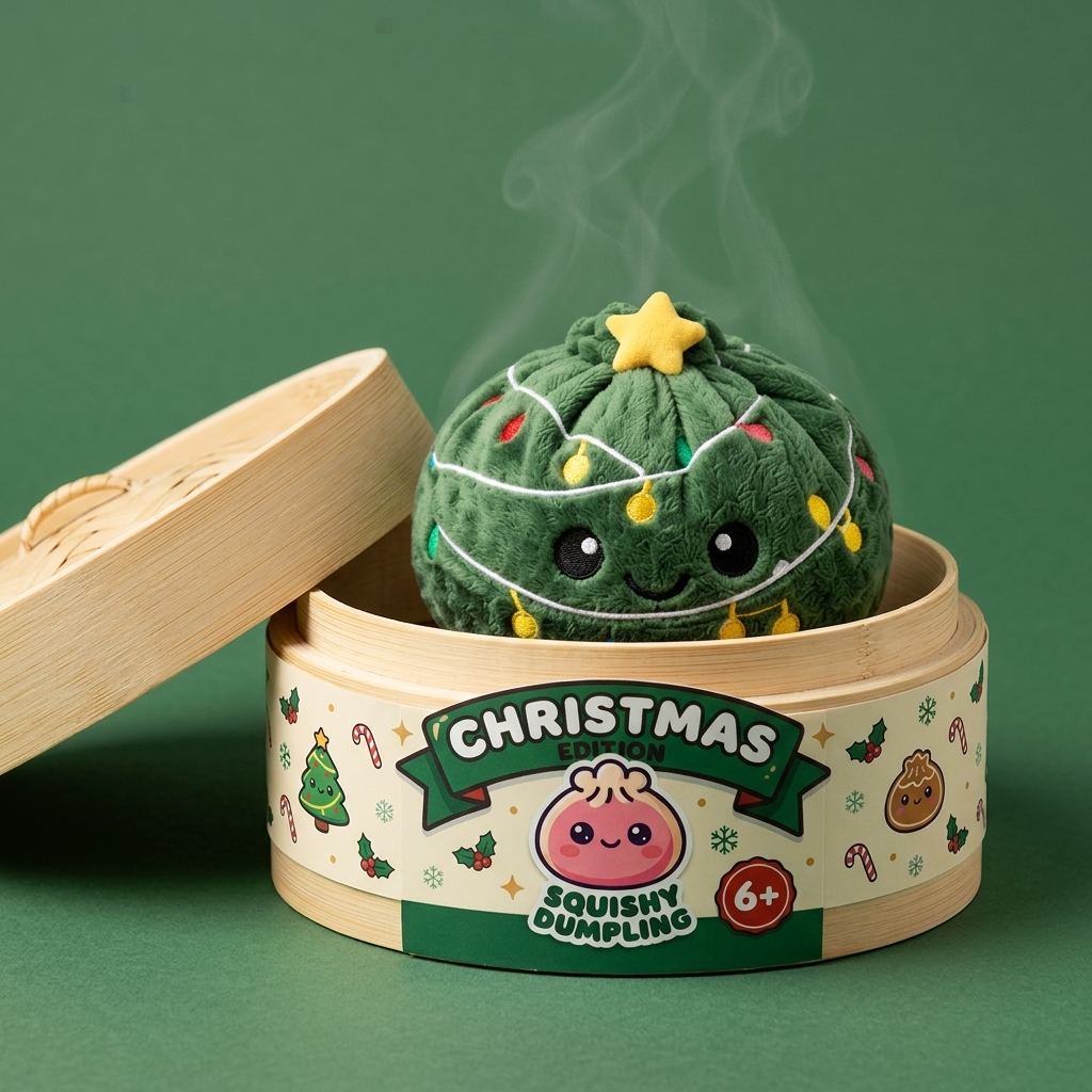 Squishy Dumpling Sapin de Noël Scintillant dans sa boîte panier vapeur façon bambou