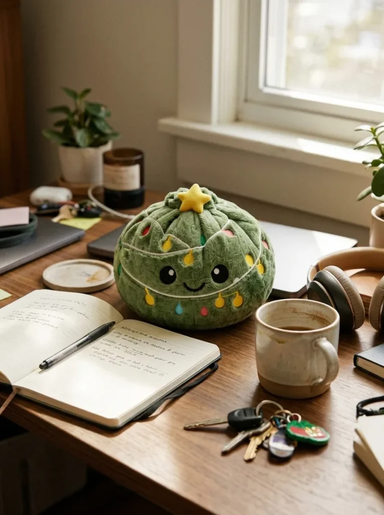 Squishy Dumpling Sapin de Noël Scintillant posé sur un bureau, dans le quotidien