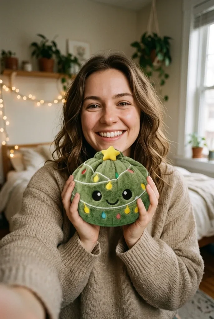 Squishy Dumpling Sapin de Noël Scintillant tenu près du visage — photo client