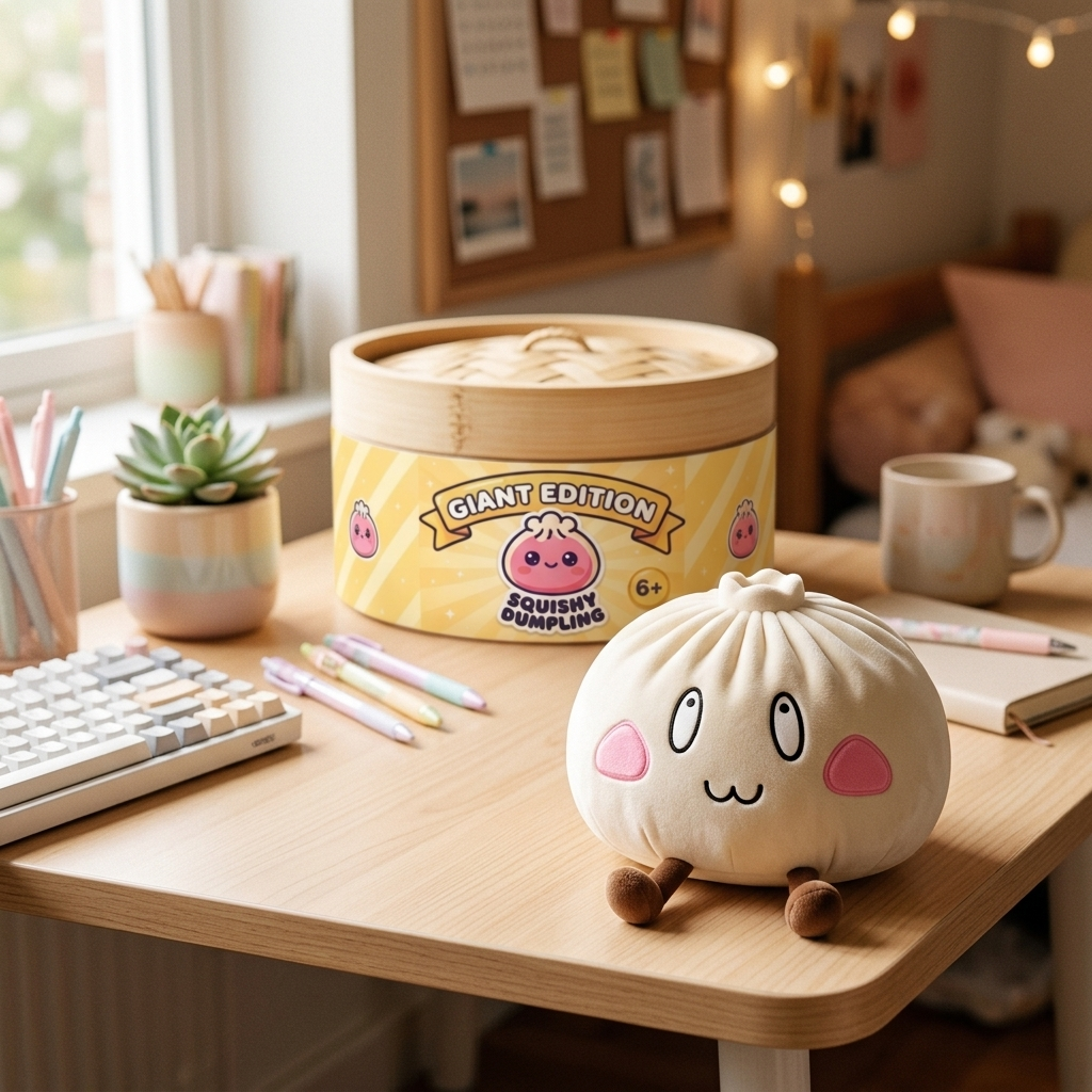 Squishy Dumpling Géant Visage Joyeux en ambiance sur un bureau
