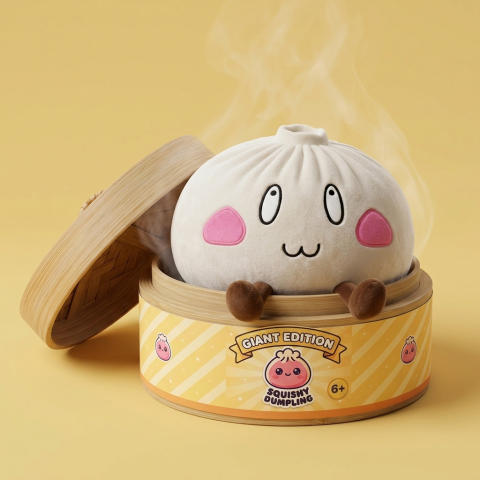Squishy Dumpling Géant Visage Joyeux dans sa boîte panier vapeur façon bambou