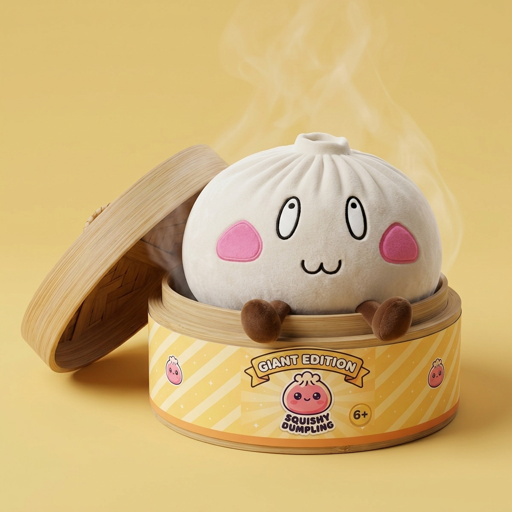Squishy Dumpling Géant Visage Joyeux dans sa boîte panier vapeur façon bambou