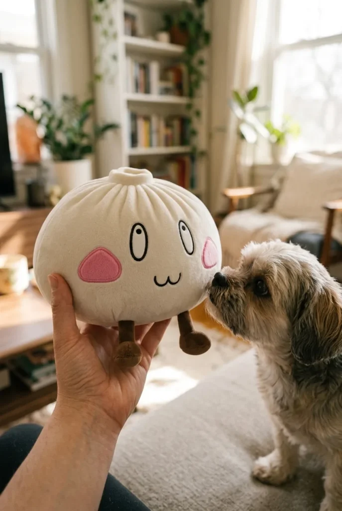 Squishy Dumpling Géant Visage Joyeux tenu près d'un animal de compagnie curieux
