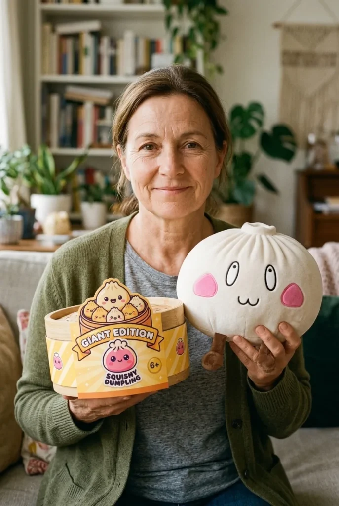 Squishy Dumpling Géant Visage Joyeux présenté avec sa boîte panier vapeur — photo client