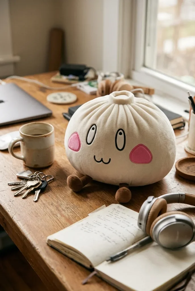 Squishy Dumpling Géant Visage Joyeux posé sur un bureau, dans le quotidien