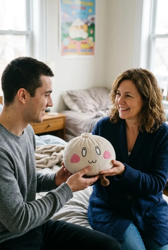 Squishy Dumpling Géant Visage Joyeux offert en cadeau entre deux personnes