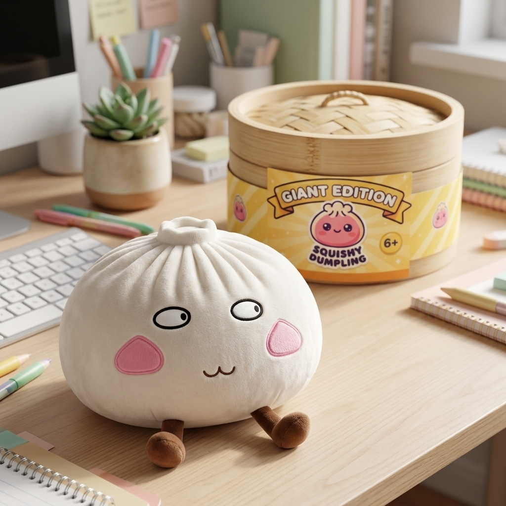 Squishy Dumpling Géant Fier et Malicieux en ambiance sur un bureau