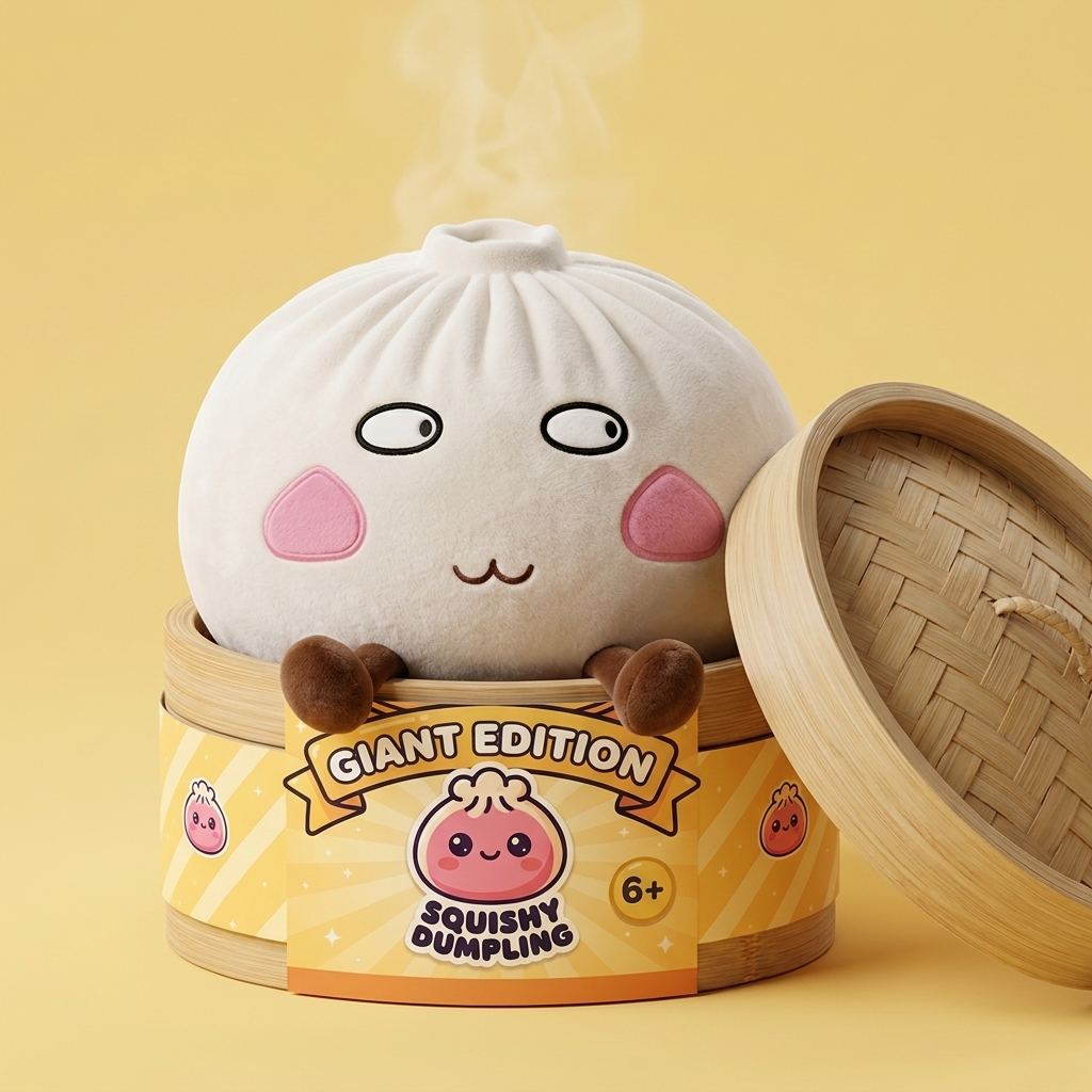 Squishy Dumpling Géant Fier et Malicieux dans sa boîte panier vapeur façon bambou