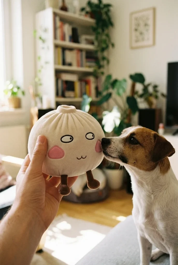 Squishy Dumpling Géant Fier et Malicieux tenu près d'un animal de compagnie curieux