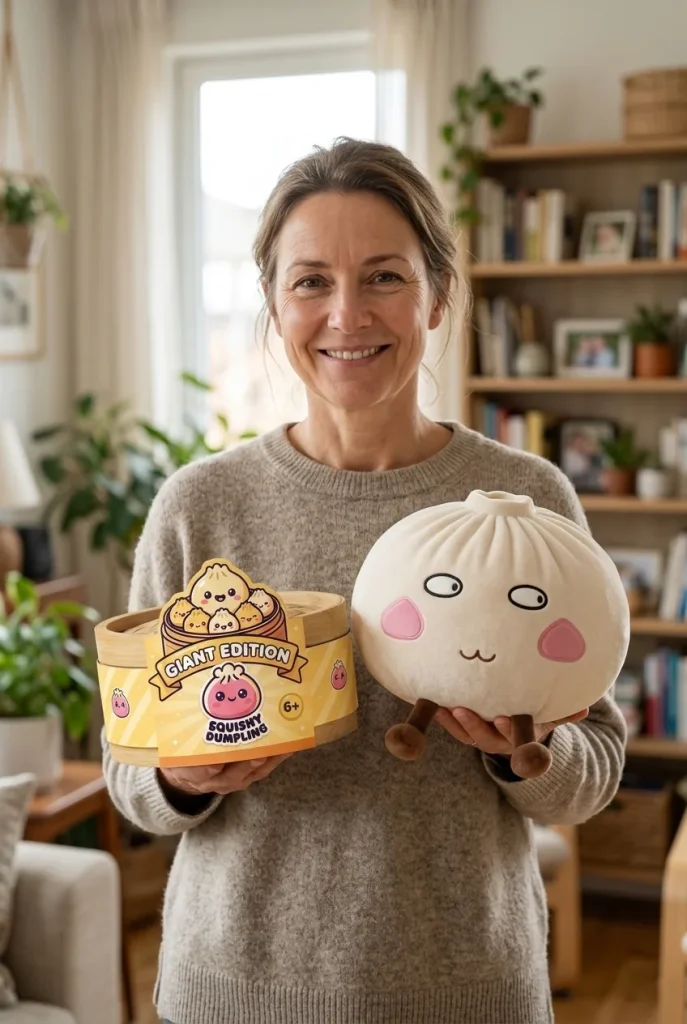 Squishy Dumpling Géant Fier et Malicieux présenté avec sa boîte panier vapeur — photo client