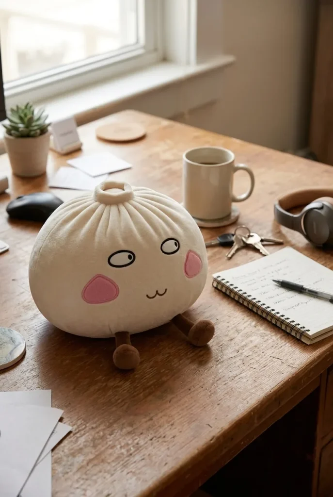 Squishy Dumpling Géant Fier et Malicieux posé sur un bureau, dans le quotidien