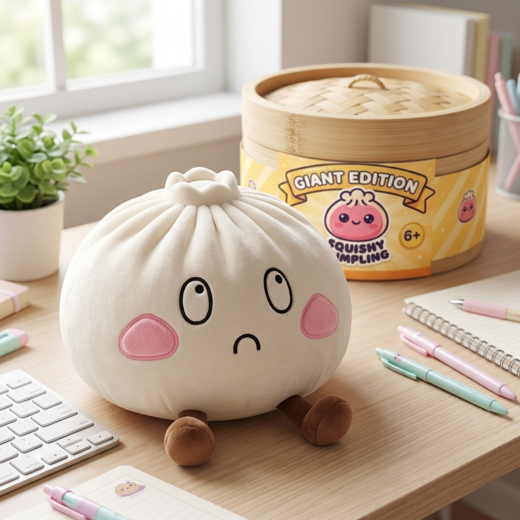 Squishy Dumpling Géant Visage Triste en ambiance sur un bureau