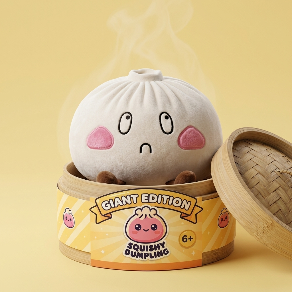 Squishy Dumpling Géant Visage Triste dans sa boîte panier vapeur façon bambou