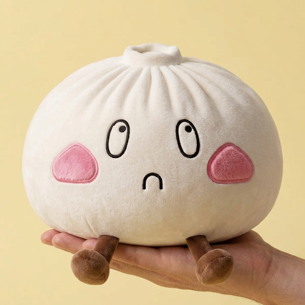 Squishy Dumpling Géant Visage Triste tenu en main, taille réelle