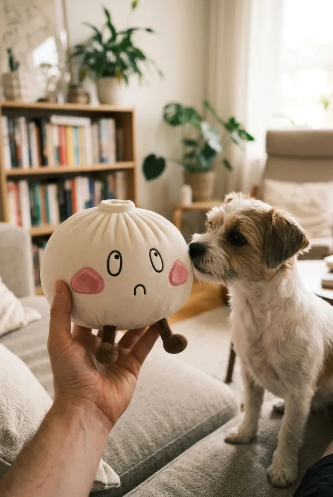 Squishy Dumpling Géant Visage Triste tenu près d'un animal de compagnie curieux