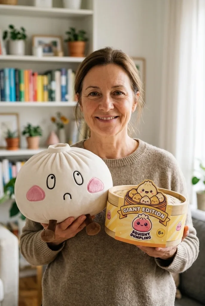 Squishy Dumpling Géant Visage Triste présenté avec sa boîte panier vapeur — photo client