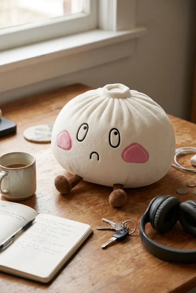 Squishy Dumpling Géant Visage Triste posé sur un bureau, dans le quotidien