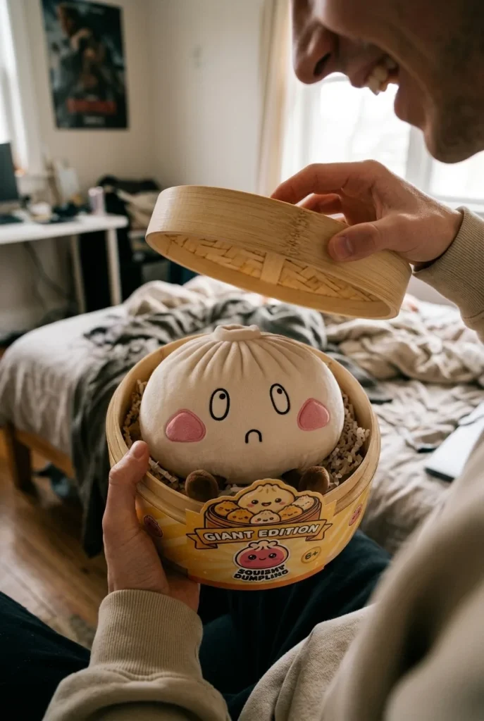 Déballage du Squishy Dumpling Géant Visage Triste — la boîte panier vapeur s'ouvre
