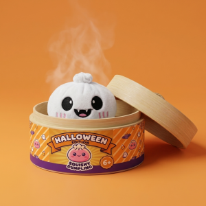 Squishy Dumpling Fantôme Halloween au Clair de Lune dans sa boîte panier vapeur façon bambou