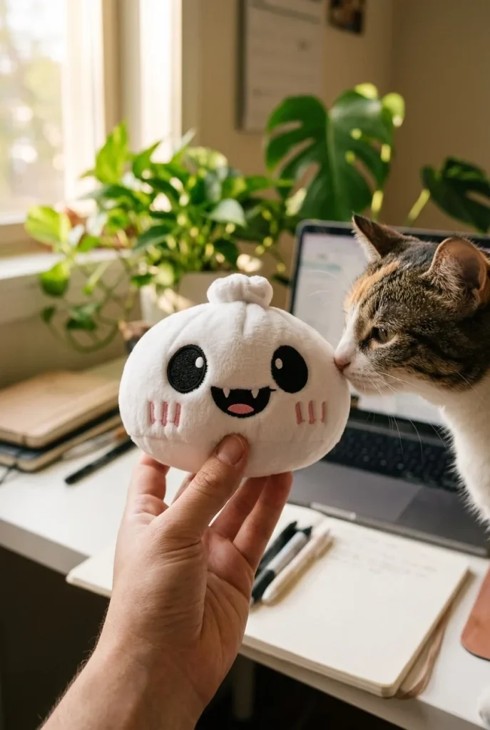 Squishy Dumpling Fantôme Halloween au Clair de Lune tenu près d'un animal de compagnie curieux