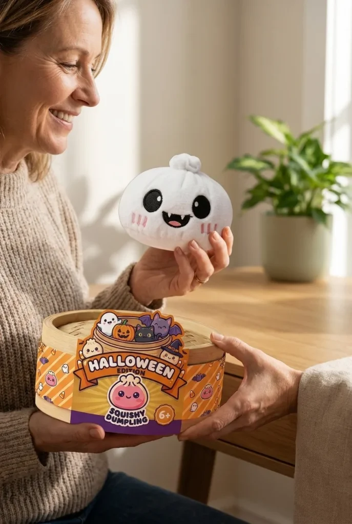 Squishy Dumpling Fantôme Halloween au Clair de Lune présenté avec sa boîte panier vapeur — photo client