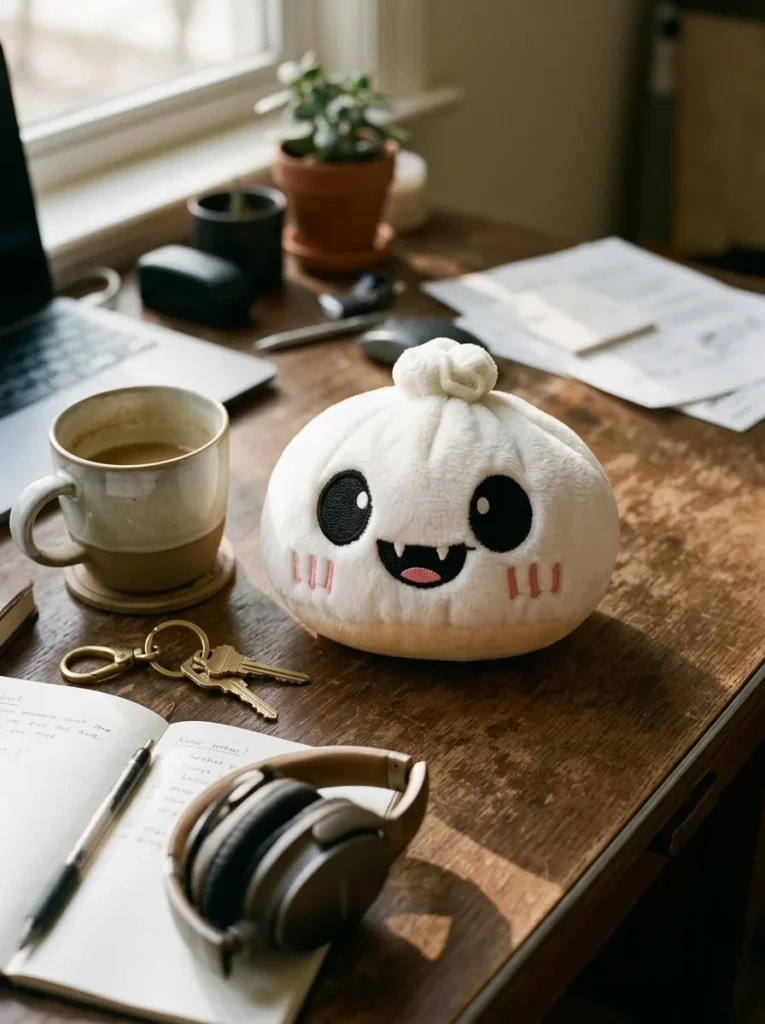 Squishy Dumpling Fantôme Halloween au Clair de Lune posé sur un bureau, dans le quotidien