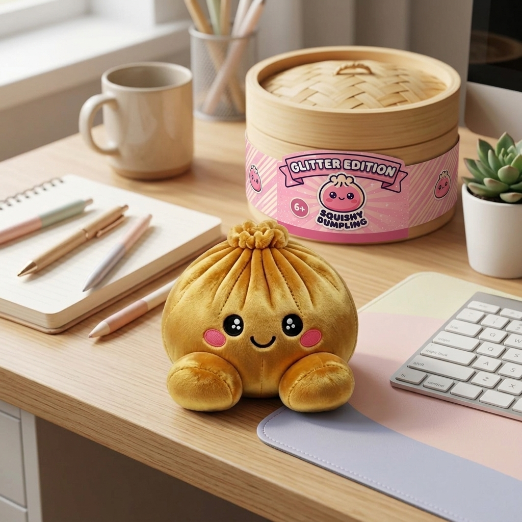 Squishy Dumpling Doré Royal en ambiance sur un bureau