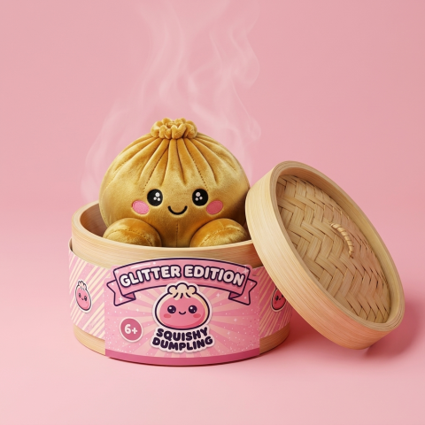 Squishy Dumpling Doré Royal dans sa boîte panier vapeur façon bambou