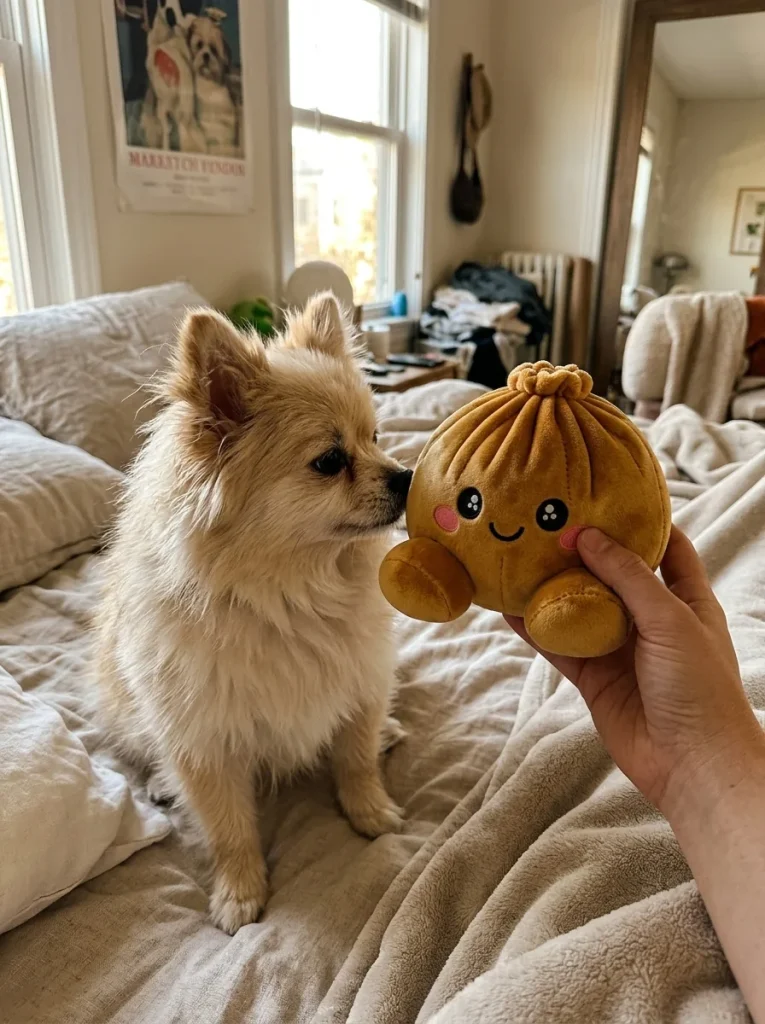 Squishy Dumpling Doré Royal tenu près d'un animal de compagnie curieux