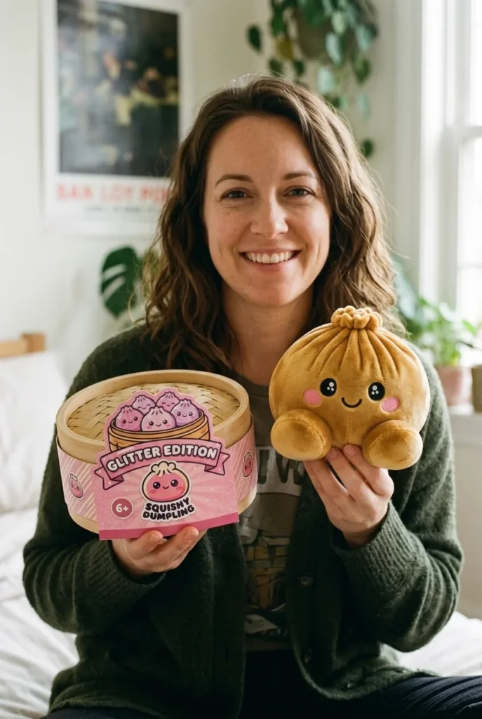 Squishy Dumpling Doré Royal présenté avec sa boîte panier vapeur — photo client
