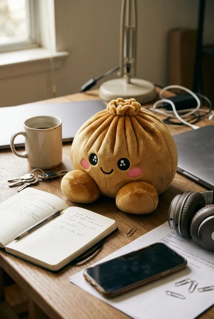 Squishy Dumpling Doré Royal posé sur un bureau, dans le quotidien