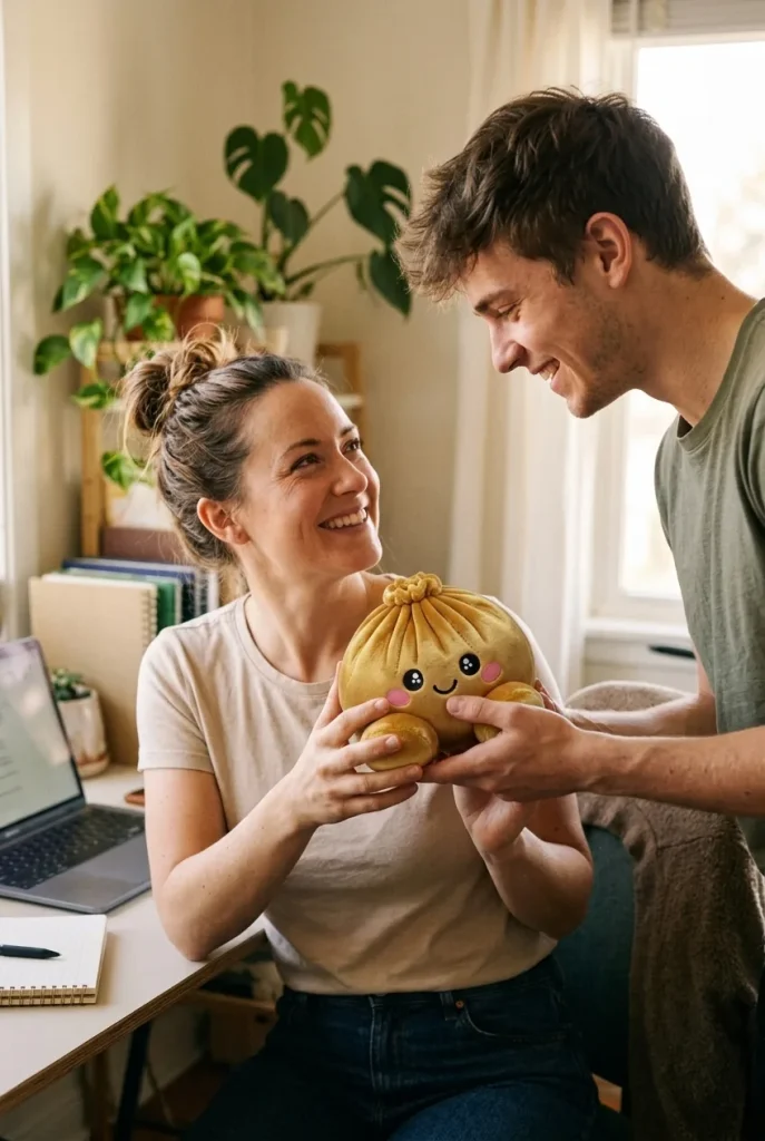 Squishy Dumpling Doré Royal offert en cadeau entre deux personnes