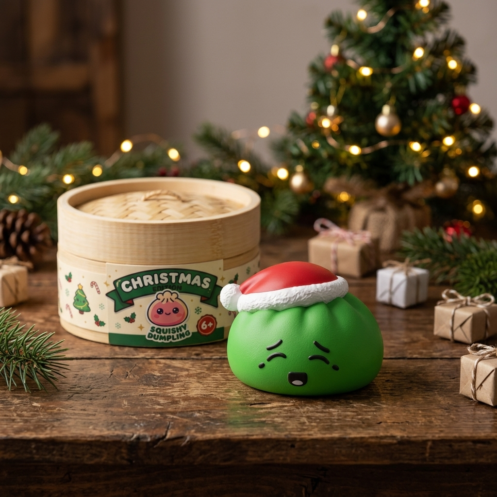 Squishy Dumpling Bonnet de Noël Elfe Vert en ambiance sur un bureau