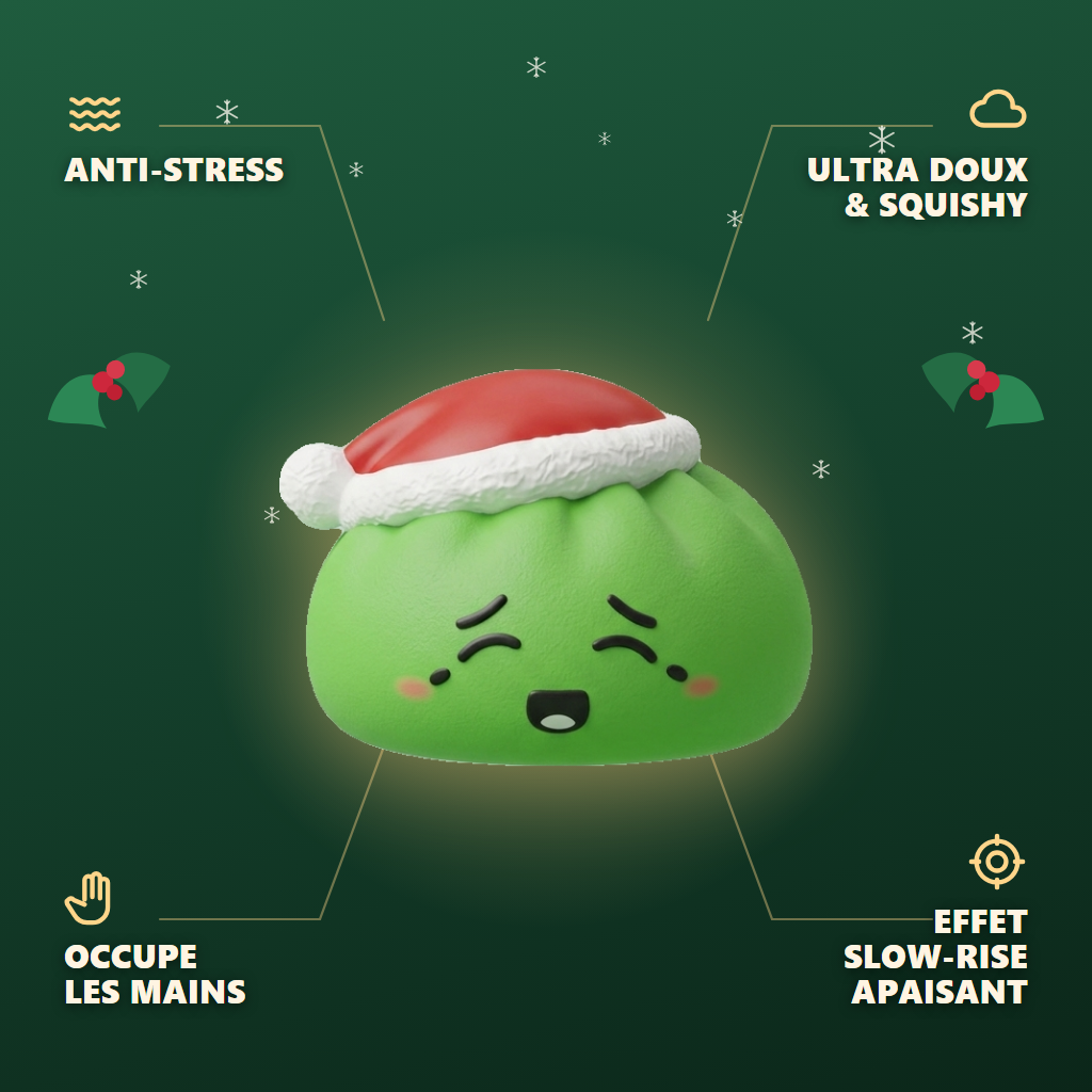 Squishy Dumpling Bonnet de Noël Elfe Vert — anti-stress, ultra doux, effet slow-rise