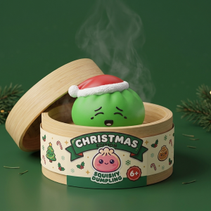 Squishy Dumpling Bonnet de Noël Elfe Vert dans sa boîte panier vapeur façon bambou